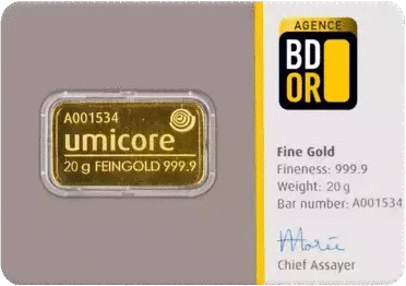 Lingotin d'or de 20 g en certicard BDOR