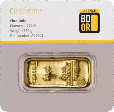 Lingot d'or de 250 g en certicard BDOR